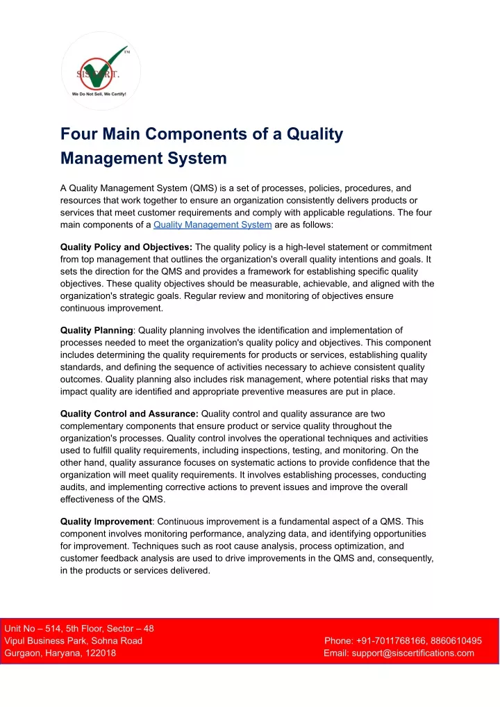 four main components of a quality management