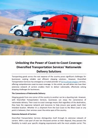 Unlocking the Power of Coast-to-Coast Coverage Diversified Transportation Services' Nationwide Delivery Solutions