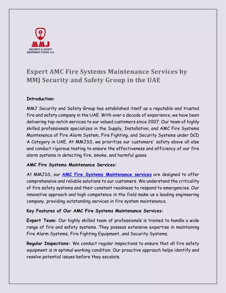 expert amc fire systems maintenance services