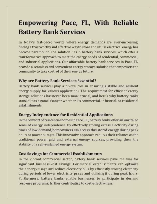 Empowering Pace, FL, With Reliable Battery Bank Services