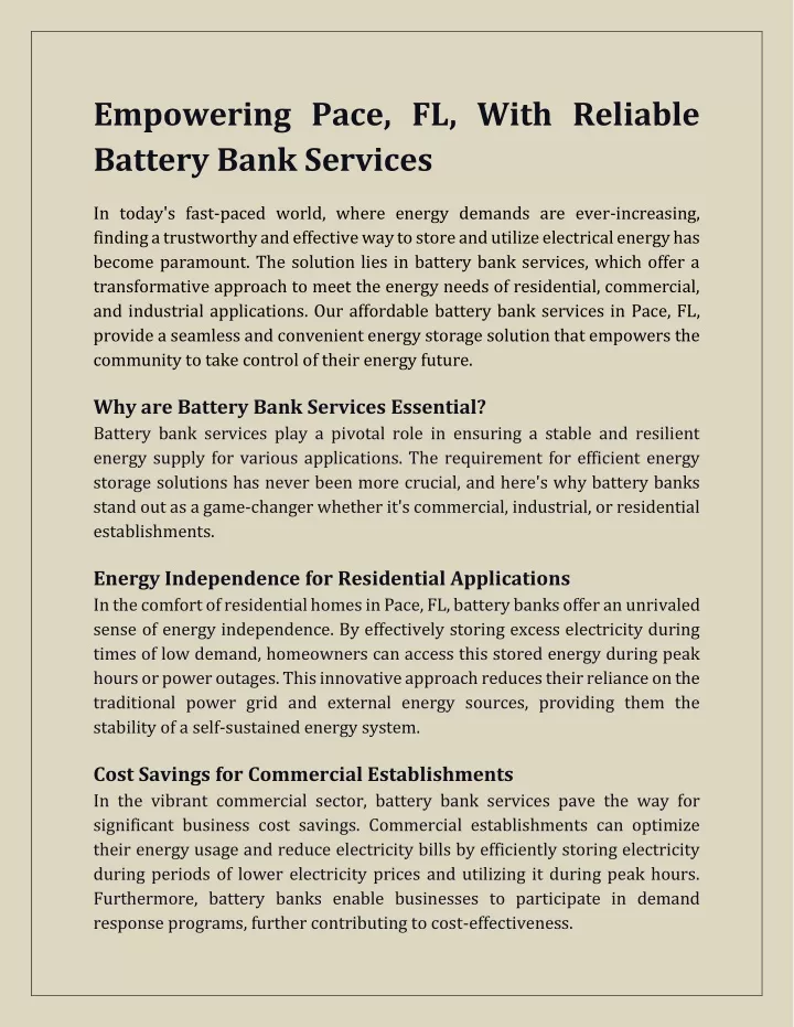 empowering pace fl with reliable battery bank