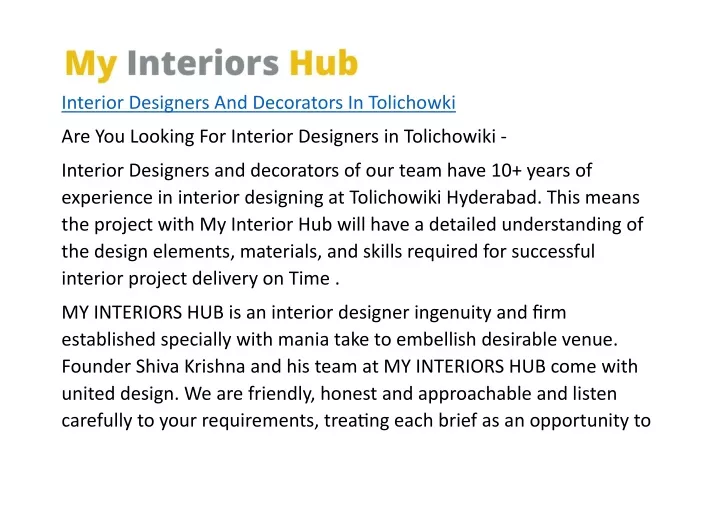 interior designers and decorators in tolichowki