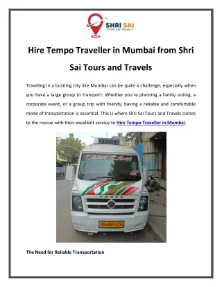 Hire Tempo Traveller in Mumbai from Shri Sai Tours and Travels