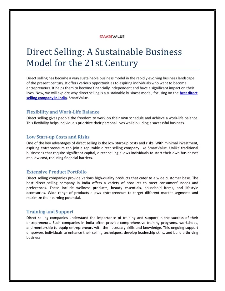 direct selling a sustainable business model