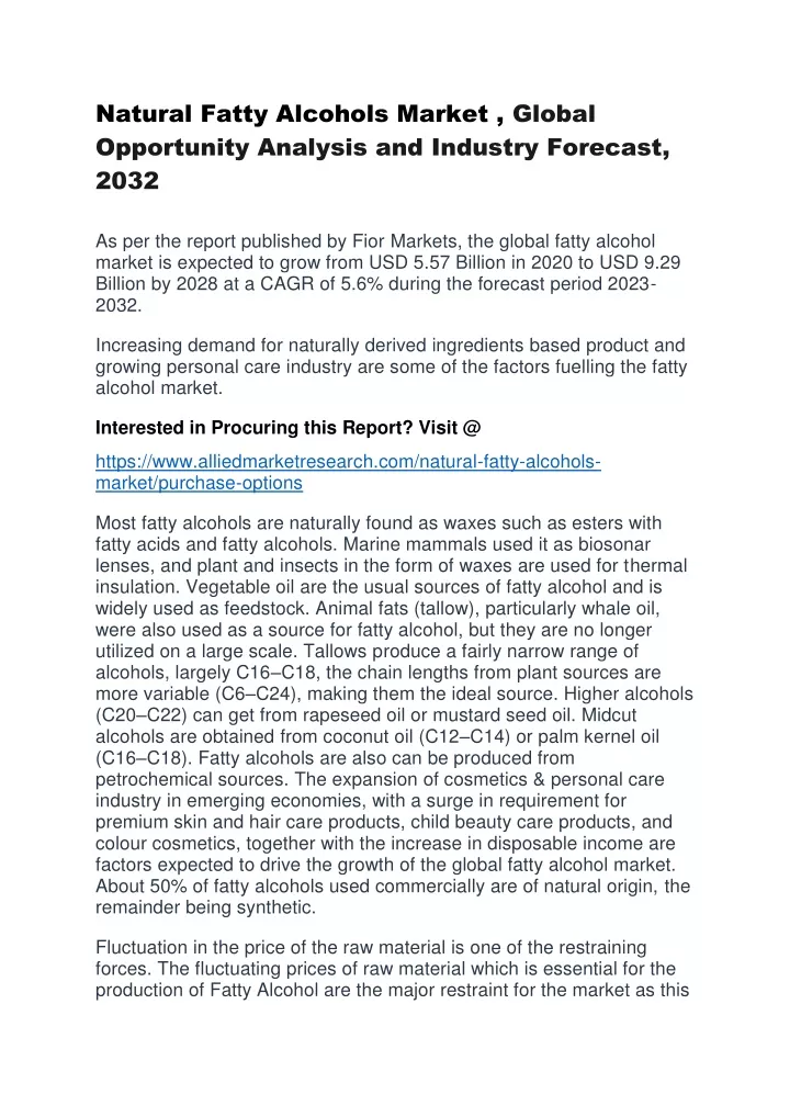 natural fatty alcohols market global opportunity