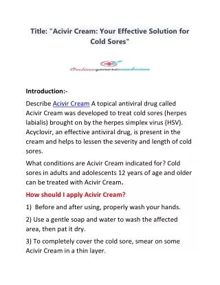 Get Acivir (Zovirax) Cream | OnlineGenericMedicine