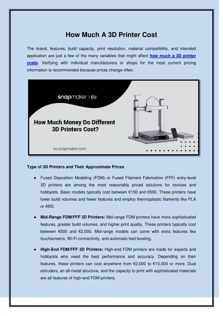 how much a 3d printer cost