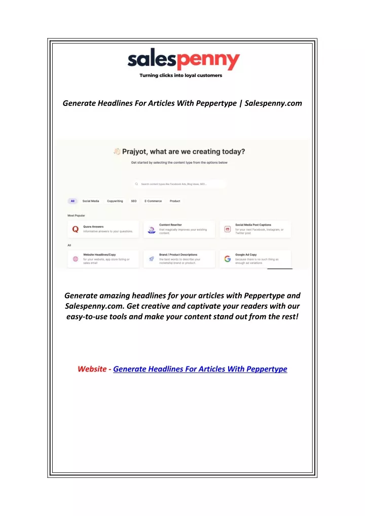 generate headlines for articles with peppertype