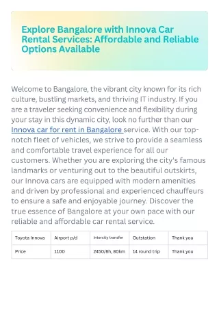 Explore Bangalore with Innova Car Rental Services