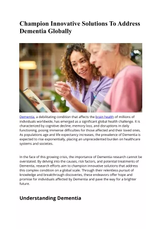 Champion Innovative Solutions To Address Dementia Globally