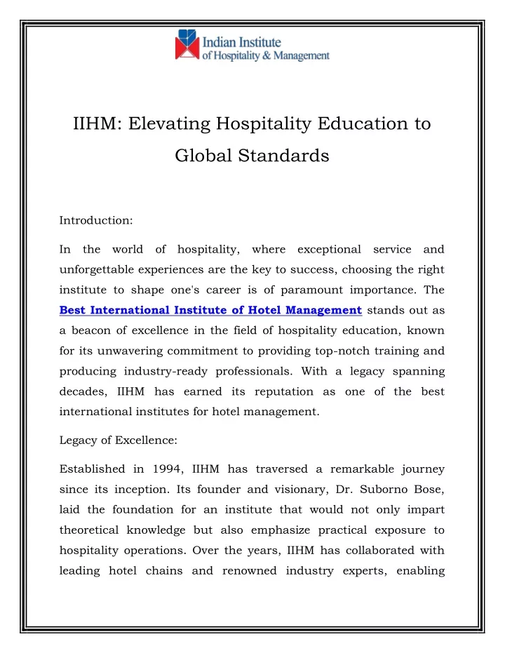 iihm elevating hospitality education to