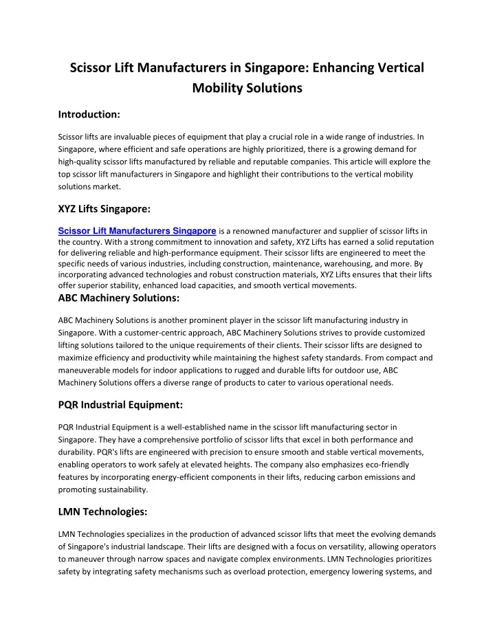 scissor lift manufacturers in singapore enhancing