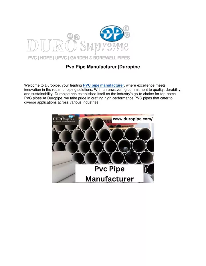 pvc pipe manufacturer duropipe