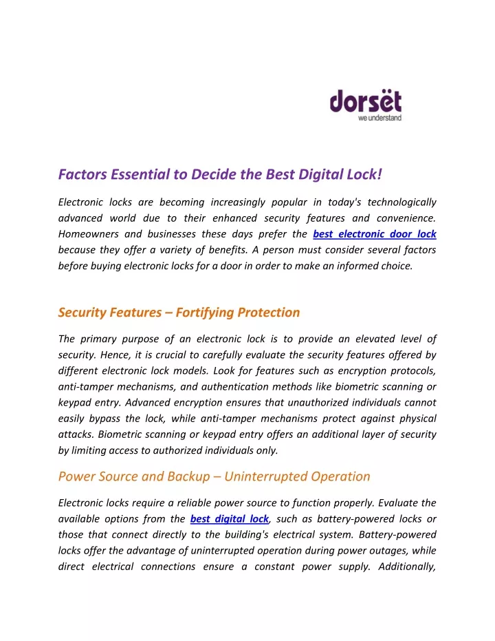 factors essential to decide the best digital lock