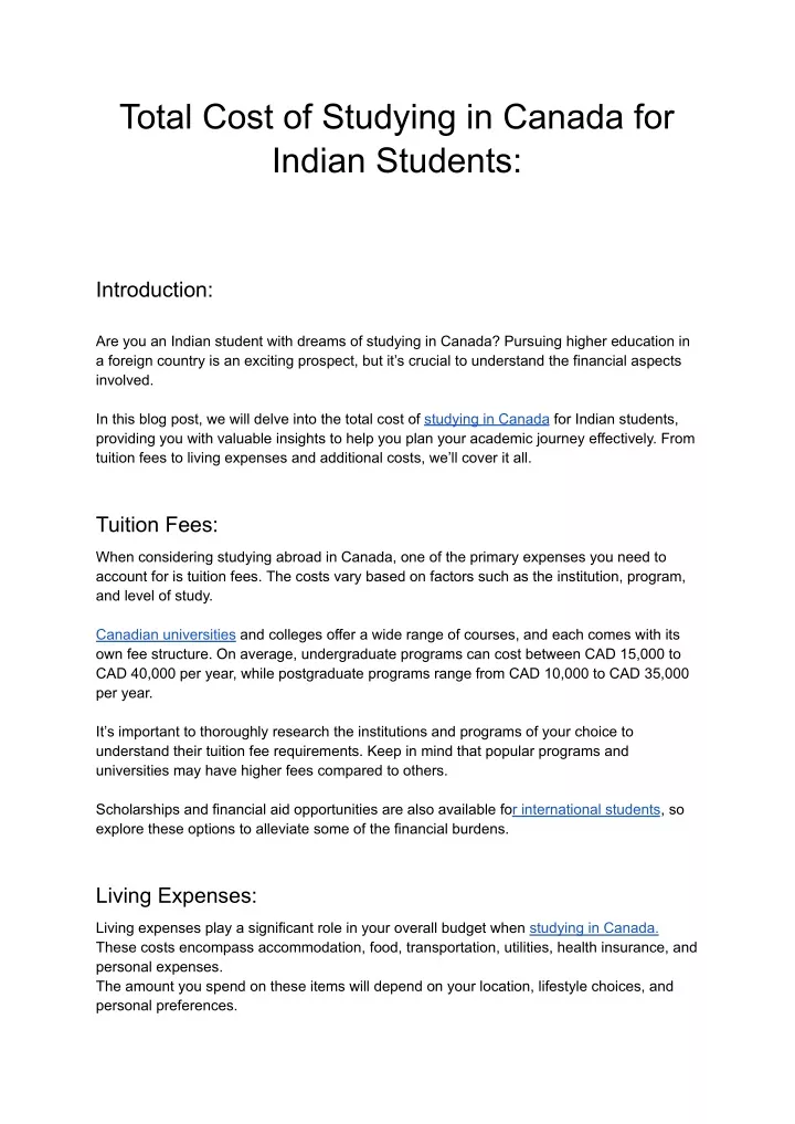 total cost of studying in canada for indian