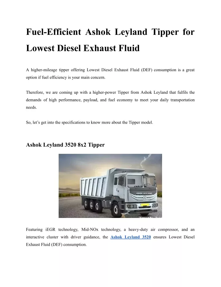 fuel efficient ashok leyland tipper for