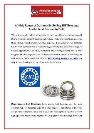A Wide Range of Options Exploring SKF Bearings Available at Dealers in Delhi