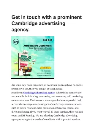 Get in touch with a prominent Cambridge advertising agency