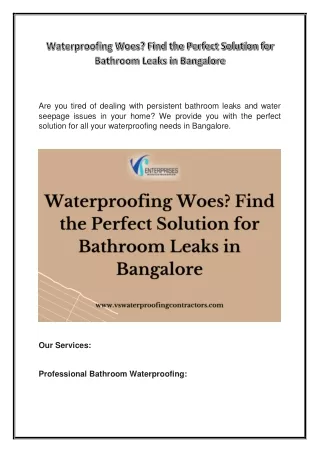 Waterproofing Woes Find the Perfect Solution for Bathroom Leaks in Bangalore