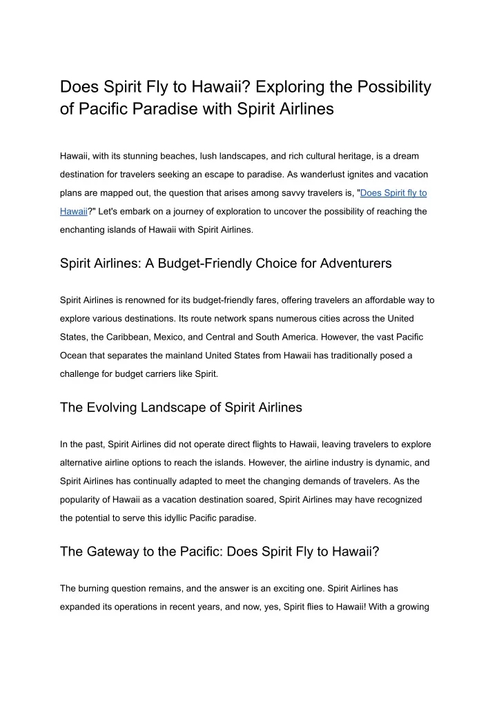does spirit fly to hawaii exploring