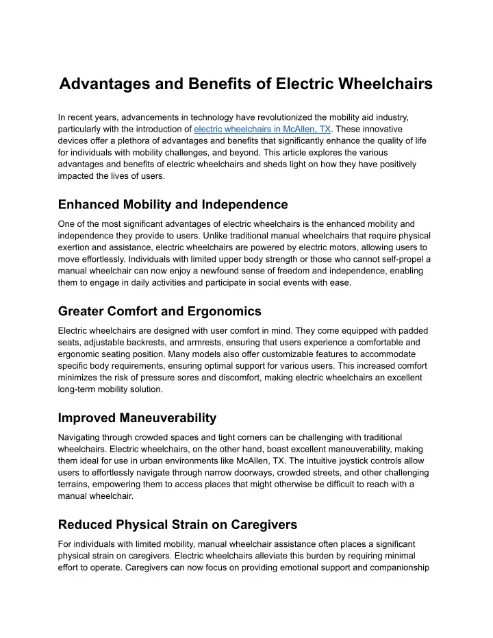 advantages and benefits of electric wheelchairs