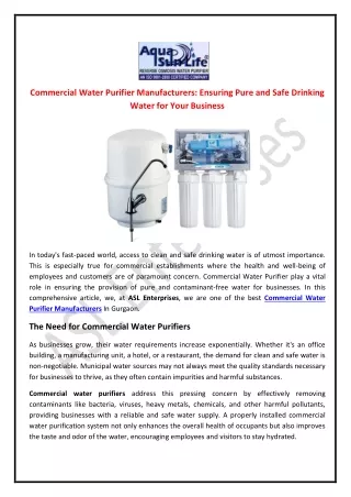 Commercial Water Purifier Manufacturers Ensuring Pure and Safe Drinking Water for Your Business
