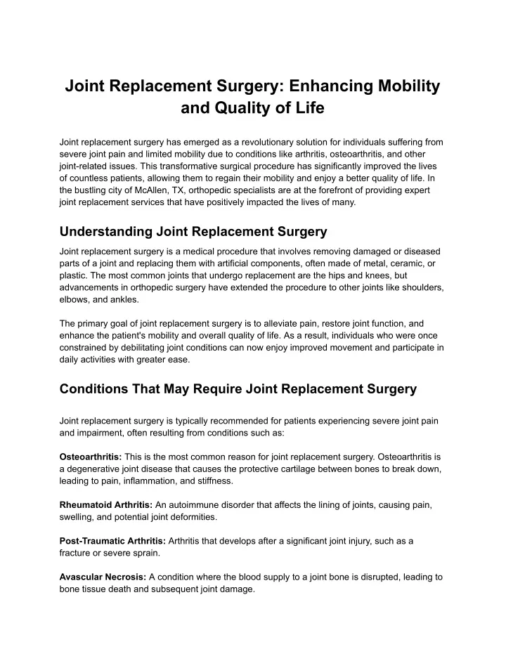 joint replacement surgery enhancing mobility