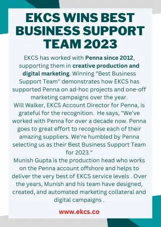 EKCS wins Best Business Support Team 2023