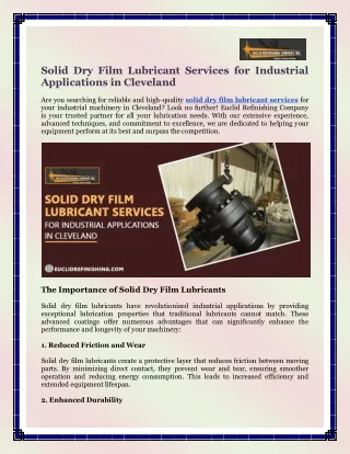 Solid Dry Film Lubricant Services for Industrial Applications in Cleveland