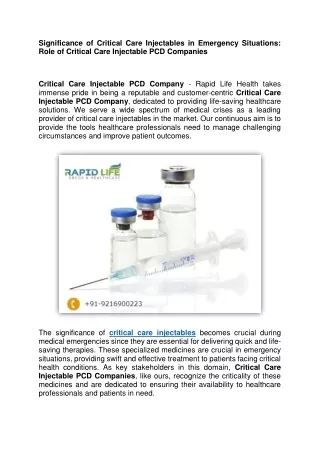 Role of Critical Care Injectable PCD Companies