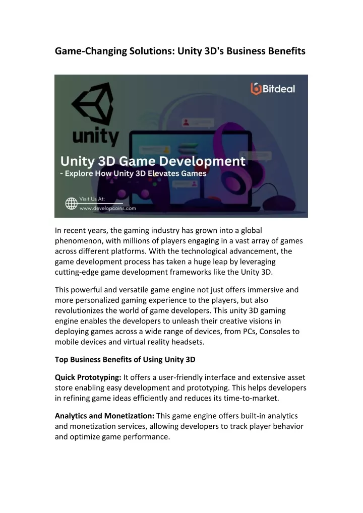 game changing solutions unity 3d s business