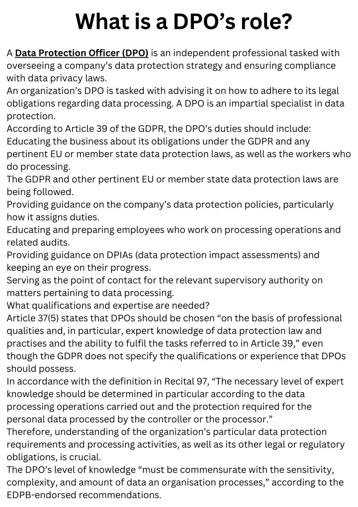 what is a dpo s role overseeing a company s data