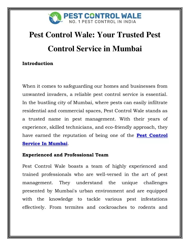 pest control wale your trusted pest