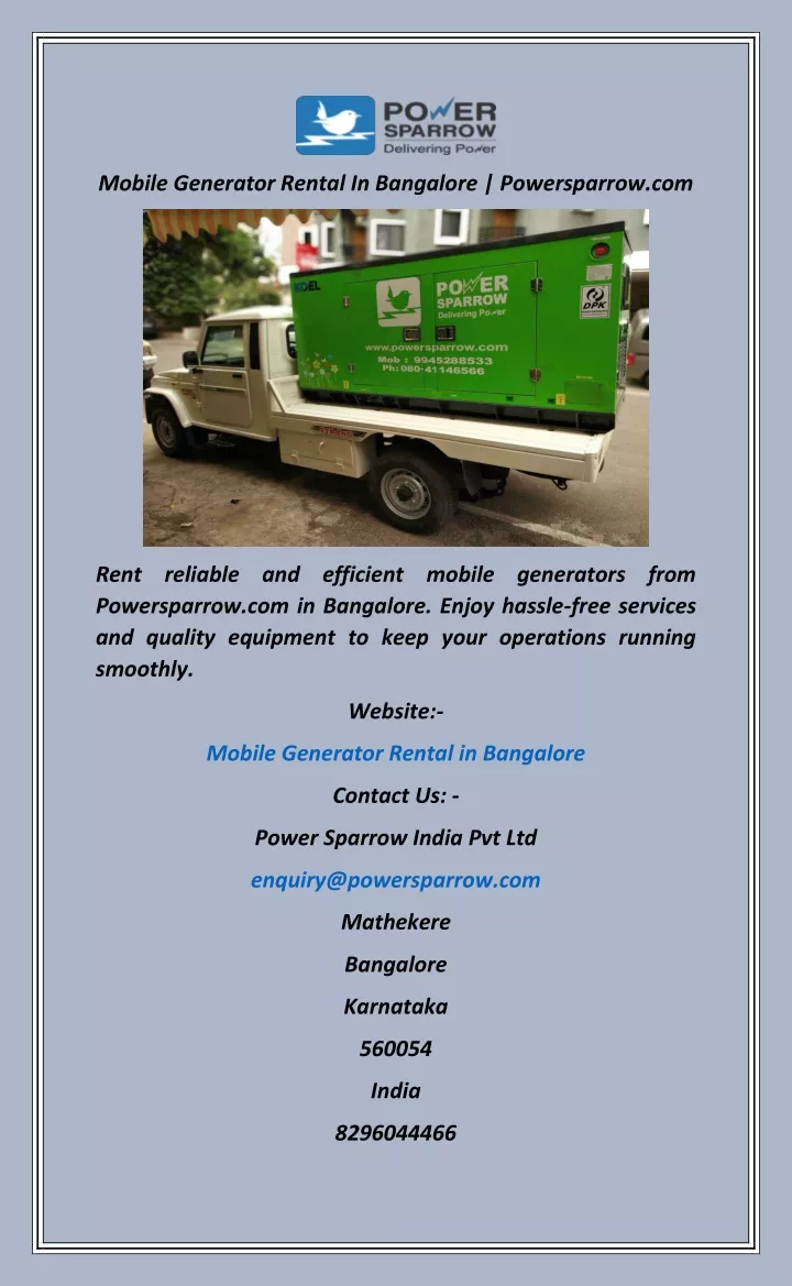 mobile generator rental in bangalore powersparrow