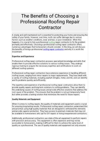 The Benefits of Choosing a Professional Roofing Repair Contractor