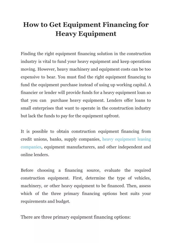 how to get equipment financing for heavy equipment