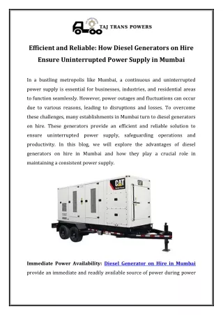 Efficient and Reliable How Diesel Generators on Hire Ensure Uninterrupted Power Supply in Mumbai