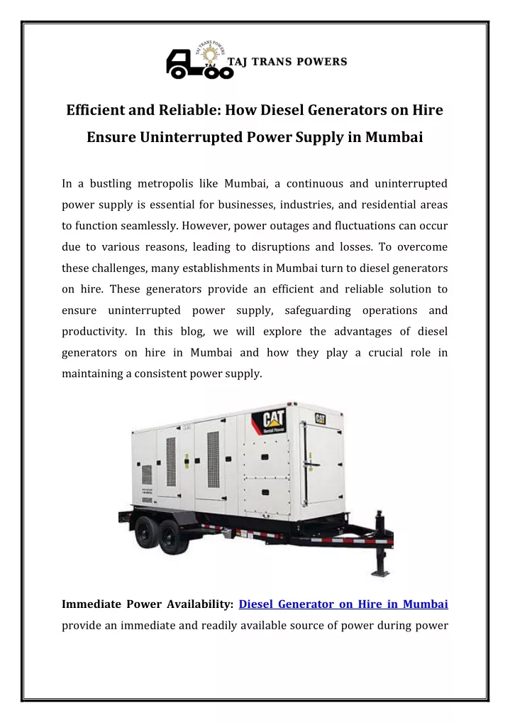 PPT Efficient and Reliable How Diesel Generators on Hire Ensure