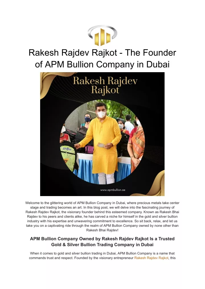 rakesh rajdev rajkot the founder of apm bullion