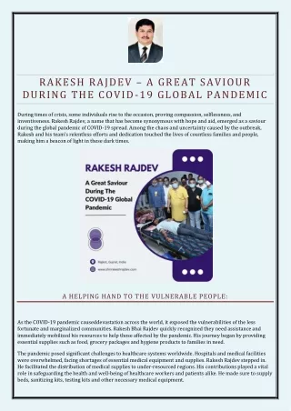 Rakesh Rajdev – A Great Saviour During The COVID-19 Global Pandemic