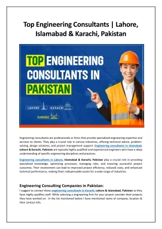 Top Engineering Consultants (Lahore, Islamabad, Karachi) Pakistan