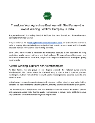 Transform Your Agriculture Business with Sikri Farms—the Award Winning Fertilizer Company in India