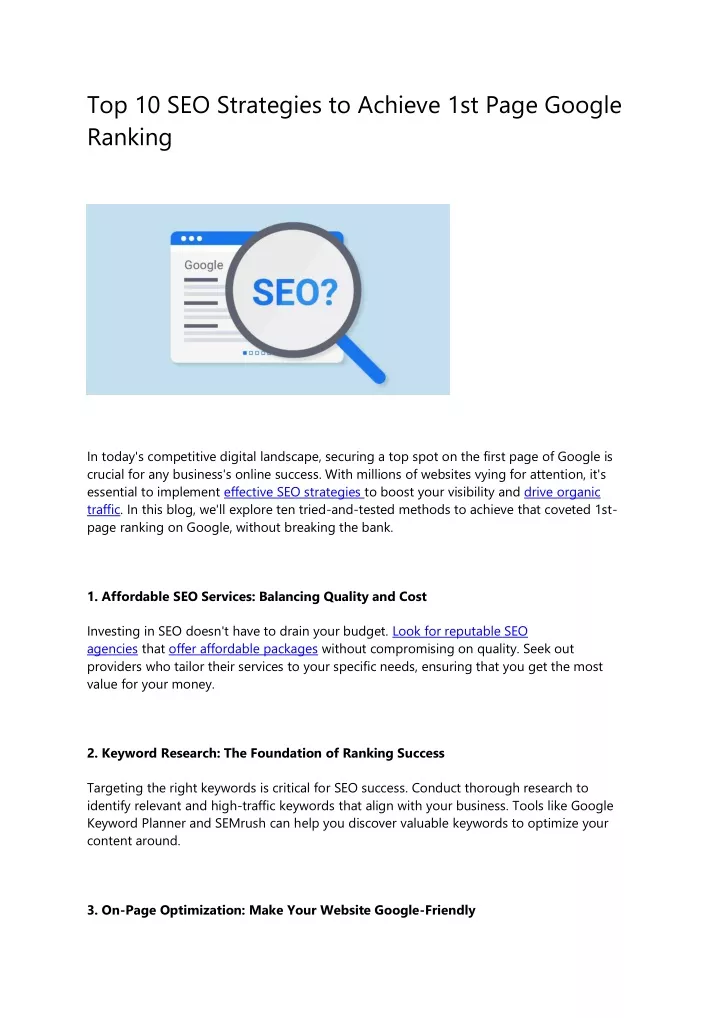 top 10 seo strategies to achieve 1st page google