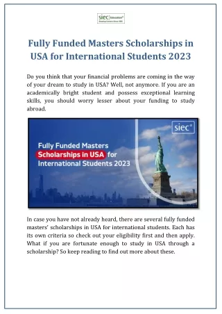 Fully Funded Masters Scholarships in USA for International Students 2023