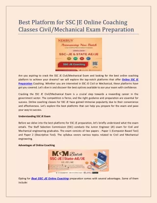 Best Platform for SSC JE Online Coaching Classes Civil andMechanical Exam Preparation