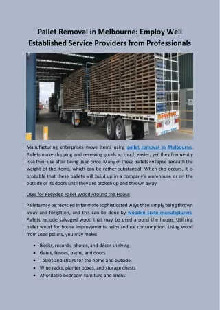 Pallet Removal in Melbourne Employ Well Established Service Providers from Professionals