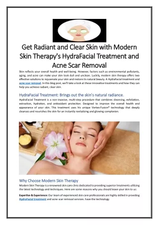 Get Radiant and Clear Skin with Modern Skin Therapy's HydraFacial Treatment and Acne Scar Removal