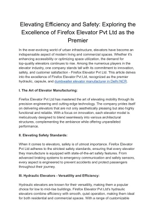 Elevating Efficiency and Safety_ Exploring the Excellence of Firefox Elevator Pvt Ltd as the Premier