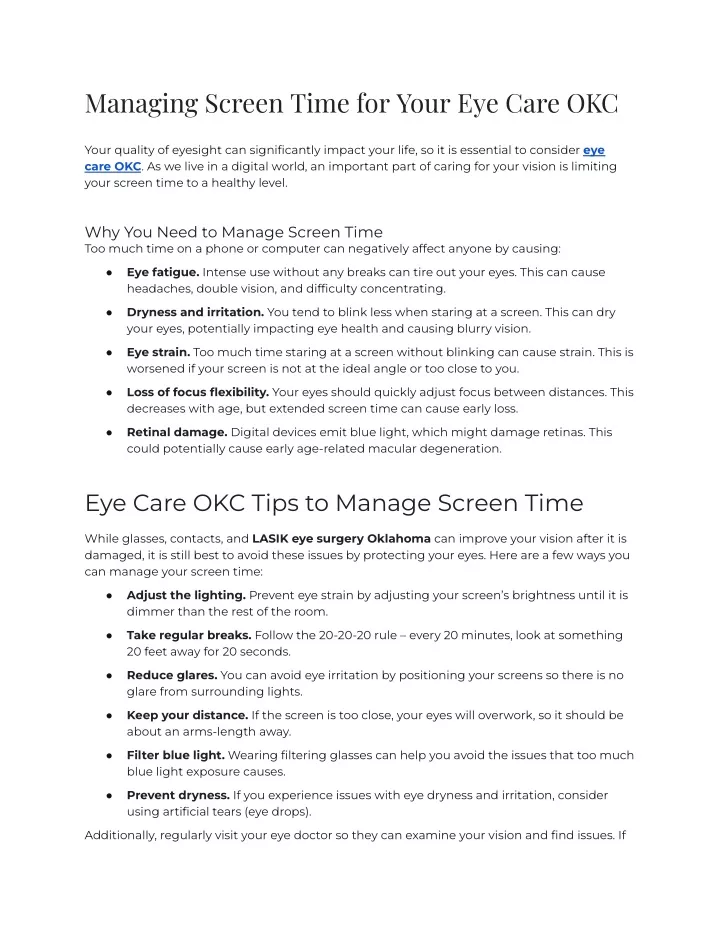managing screen time for your eye care okc