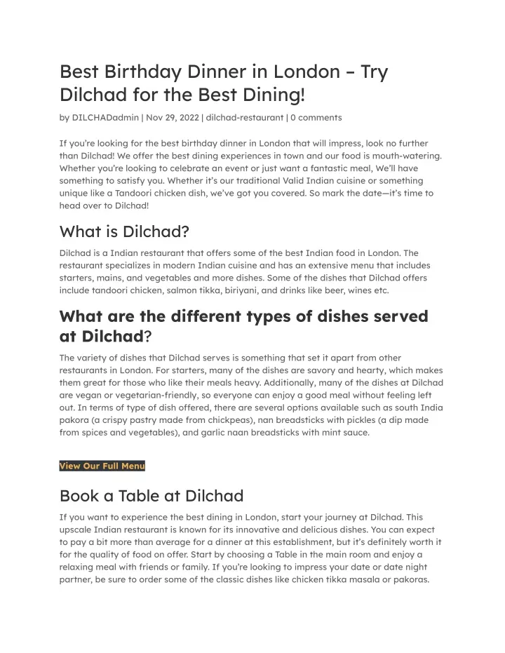 best birthday dinner in london try dilchad